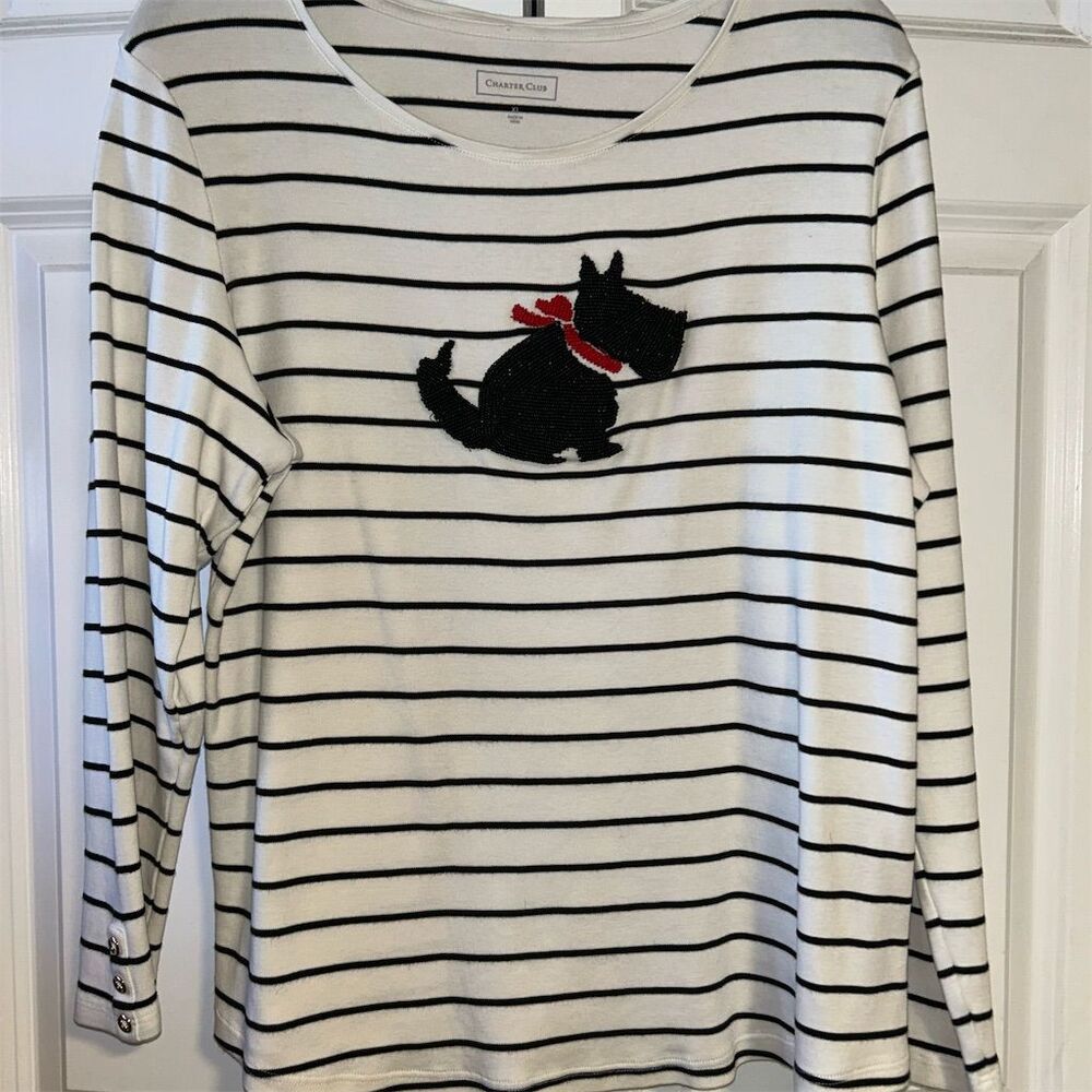 Charter Club Women's XL Black Striped Beaded Scotty Dog Long Sleeve Top